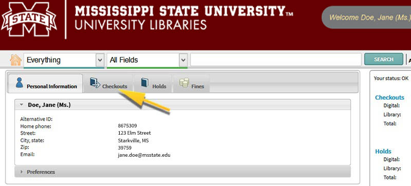 Arrow pointing to the Checkouts tab on the Online Catalog interface.