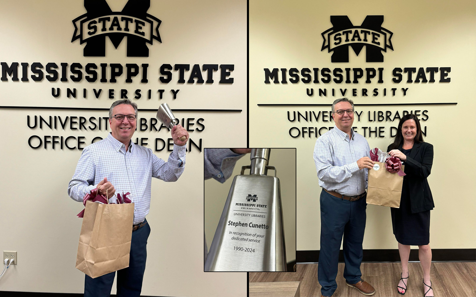 Dr. Lis Pankl, Dean of the MSU Libraries, presents Stephen Cunetto with a cowbell in honor of his retirement.  