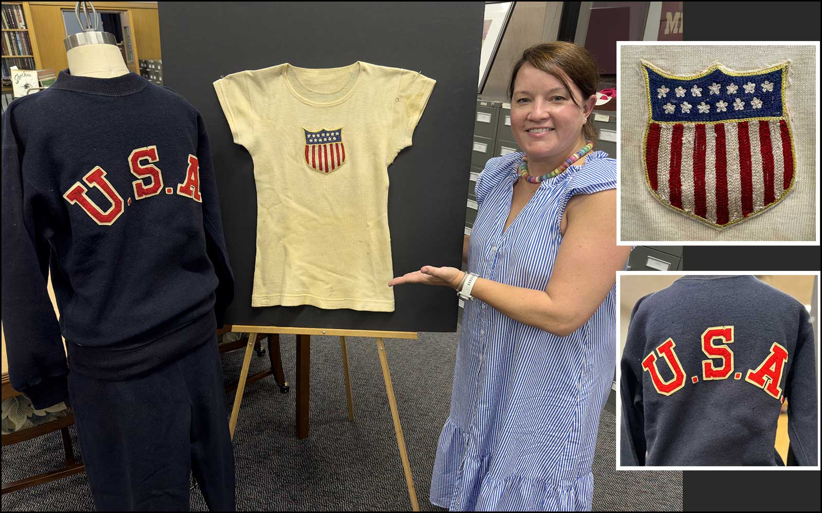 Archivist Jessica Perkins-Smith shows off a 1924 Olympics warmup suit worn by MSU alum and long-time track coach W.O. Spencer during the 1924 Paris Olympics.